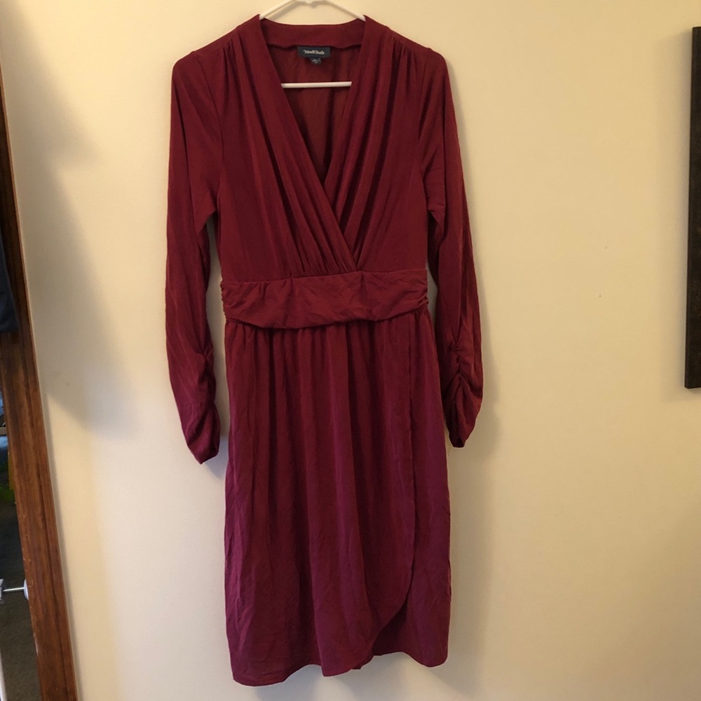 ModCloth Red Long Sleeve Sundress with V-neck and Bishop Sleeves
